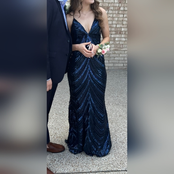Navy Blue Sequin Prom Dress - Picture 2 of 6